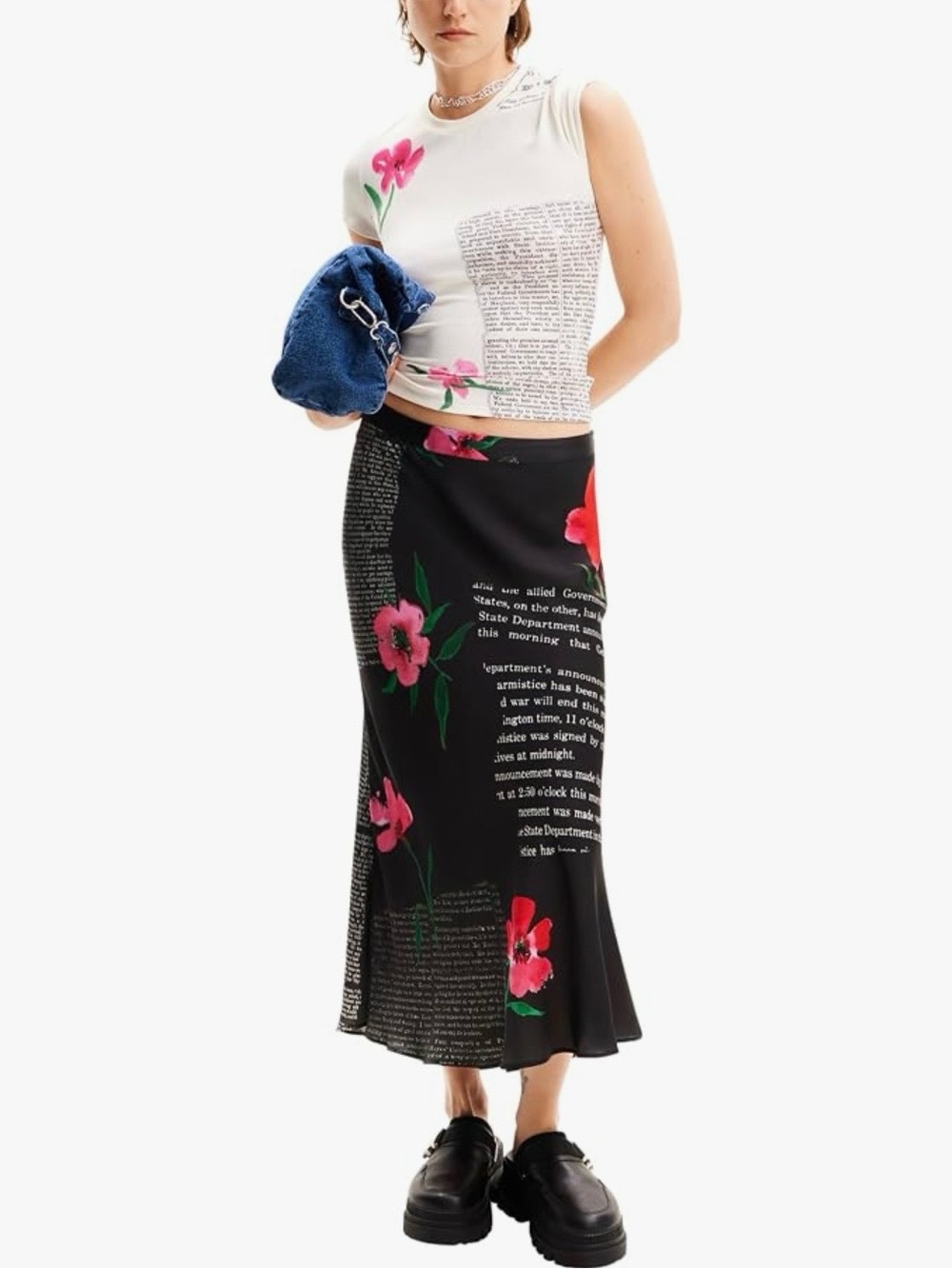 Desigual Floral Newspaper T-Shirt Short Sleeve Size L NWOT - Picture 3 of 16